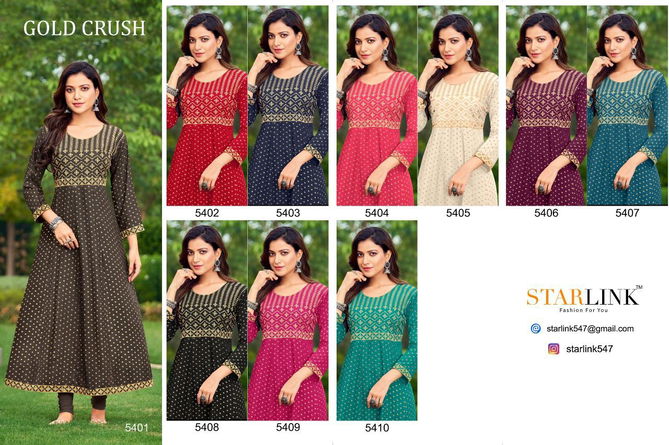 Starlink Gold Crush Rayon Printed Ethnic Wear Latest Anarkali Kurti Collection